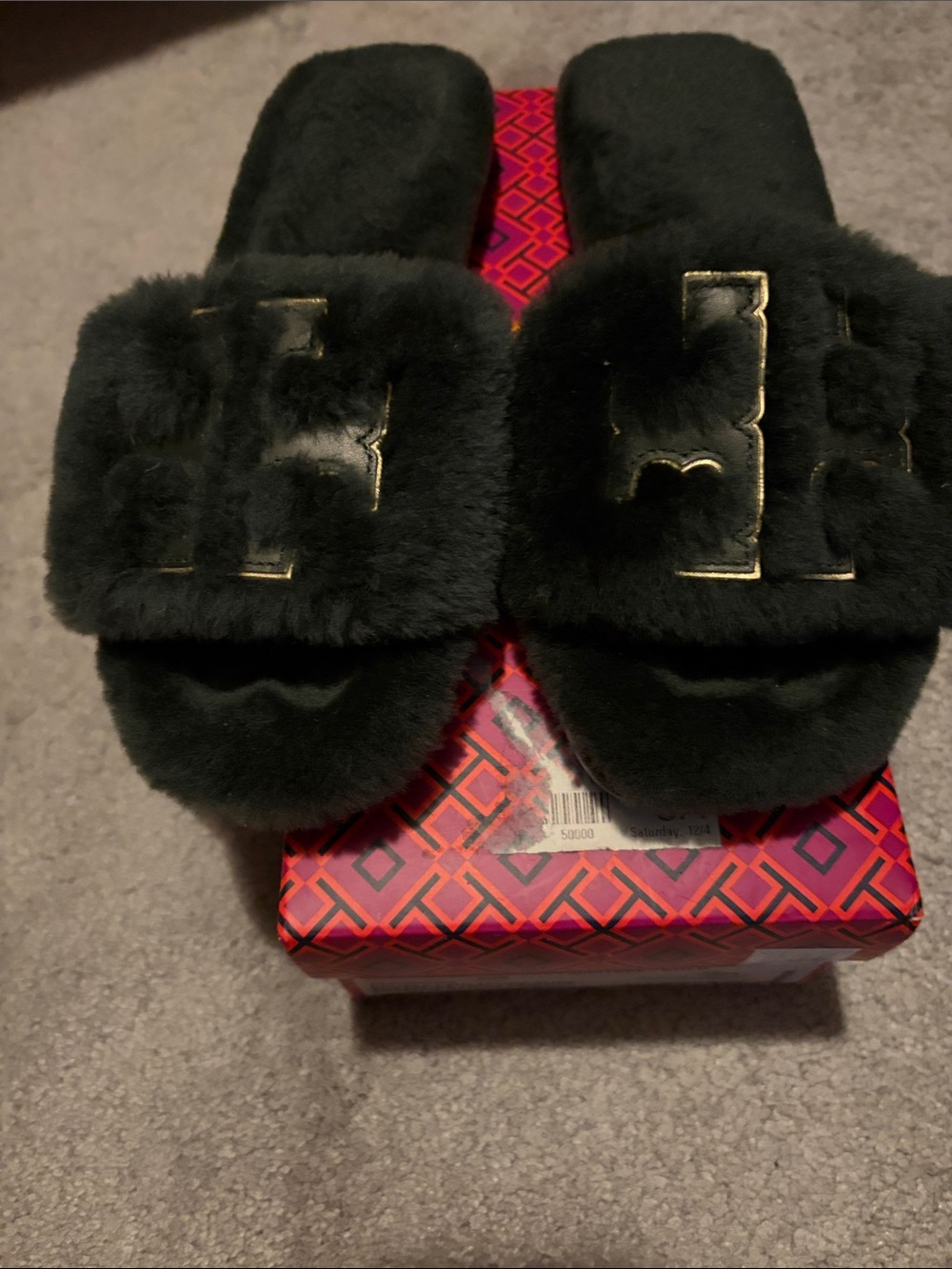 Tory Burch Green Faux-Fur Logo Slide Sandals